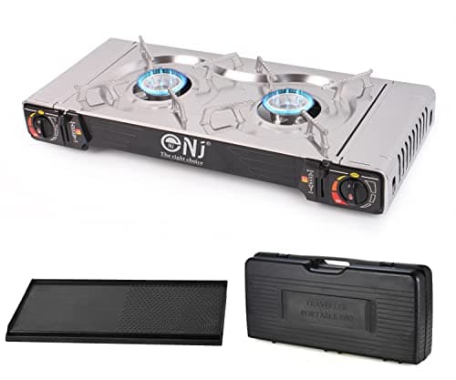 Image of NJ SG-2 Camping Gas Stove - Double Burner Portable Butane Twin Cooker Outdoor Camp Kitchen Auto Ignition Stainless Steel Compact Plastic Carry Case Grill Plate