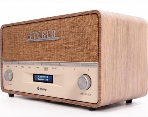 Image of Denver DAB-36 Large Vintage Style DAB/DAB+ & FM Radio – Bluetooth – High Contrast Large Screen - AUX In – Clock & Dual Alarm – Real Wood Cabinet – 2x5W – Mains or Battery