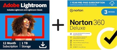 Image of Adobe Lightroom with Lightroom Classic 1 TB, AI-assisted photo editor, 1 Year + NORTON 360 | DELUXE | 2026 | 3 Devices | 1 User | 12 Months | PC/MAC |Activation Code by email