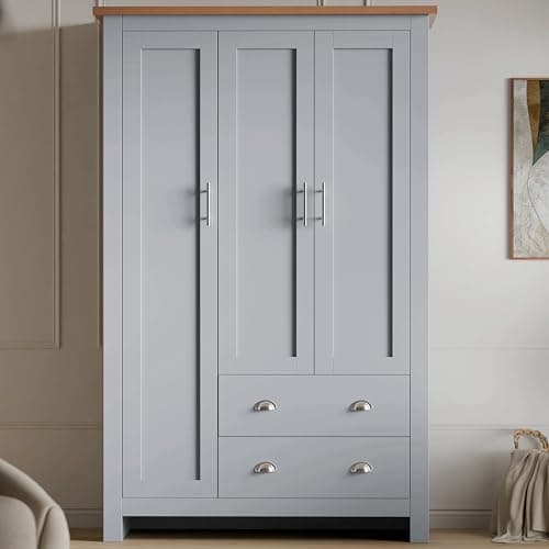 Image of Blisswood 3 Door 2 Drawer Wardrobe For Bedroom MDF With Shelf Hanging Rail Cloth Storage Wooden Wardrobe With Drawer Large Cupboard Bedroom Furniture, Grey & Oak