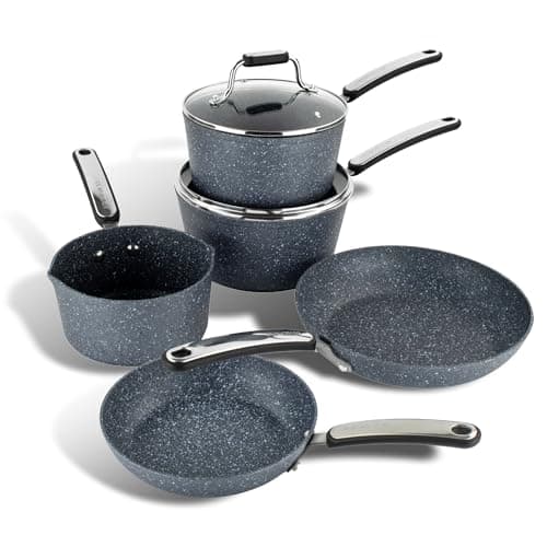 Image of Scoville Expert Neverstick+ 4+1 Piece Cookware Set - Non-Stick Pans Set, 16cm Milk Pan, 18/20cm Saucepans, 20/24cm Frying Pans, Suitable for All Hobs, PFOA Free, Dishwasher Safe, Aluminium, Grey