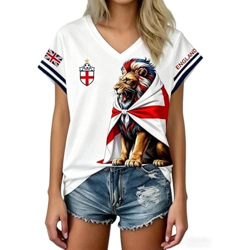Image of England Football Shirt, Womens England Football Shirt 2026 - World Cup Shirts Soft Ladies Soccer Tops Tshirt for Women Classic Jersey Lightweight Soccer Training Top White L
