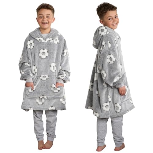 Image of OHS Blanket Hoodie Kids Teenagers Boys Hooded Blanket Football Glow in the Dark Sherpa Fleece Wearable Blankets Oversized Hoodie Kids Big Jumper Football Gifts for Boys, Grey - One Size