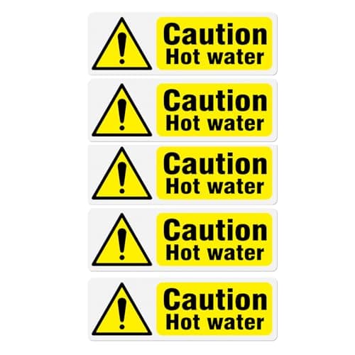 Image of YIKIADA Caution Hot Water Signs Plastic 150 × 50 mm Self Adhesive Safety Signage Warning for Kitchen Business Shop Pack of 5
