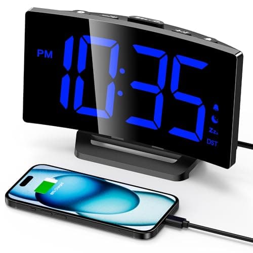 Image of GOLOZA Digital Alarm Clock for Bedrooms with Modern Curved Design, Conspicuous Blue LED Numbers, 6 Levels Brightness, 2 Volume, 3 Alarm Tones, Snooze, Power-Off Memory, 12/24H, Bedside Clock