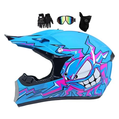 Image of Kid Motocross Helmet, With Goggles Mask Gloves, Youth Motorbike Helmet, Full-Face Off Road MX Motorcycle Helmet Dirt Bike ATV Scooter MTB BMX Downhill Quad Bike Enduro Racing Helmet(Color:Blue,Size:M(