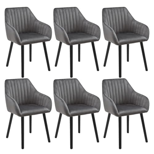 Image of Goeurvant Dining Chairs Set of 6, Modern Kitchen Chairs with Backrest & Wooden Legs, Upholstered Armchairs for Living Room, Dining Room, Restaurant, Velvet Fabric, Dark Grey