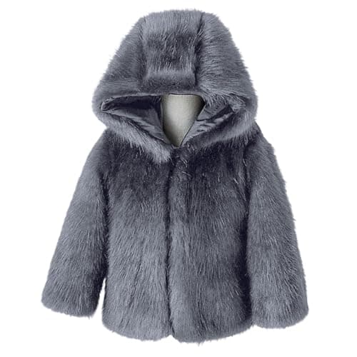 Image of Girls Faux Fur Hooded Coats Winter Furry Thick Fleece Jackets Kids Long Sleeve Warm Outwear for Teen Girl Fuzzy Windproof Coat (Grey, 13-14 Years)