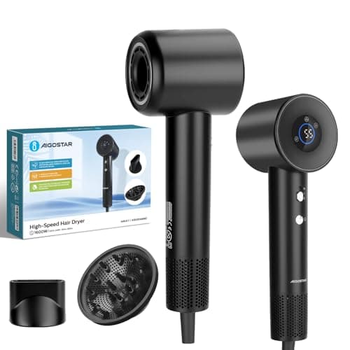 Image of Aigostar High Speed Hair Dryer 110,000 RPM, Professional Ionic Blow Dryer with LED Display & Temp Light Ring, Fast Drying 65m/s, 4 Temp & 2 Speed, Magnetic Concentrator & Diffuser, Low Noise - Airjet