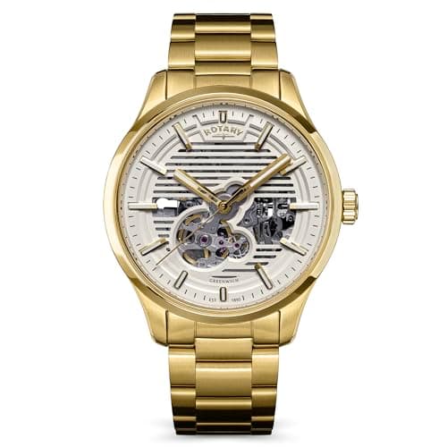 Image of Rotary Men's Greenwich Skeleton Automatic 100M Water Resistance Gold Plated Stainless Steel Bracelet Watch