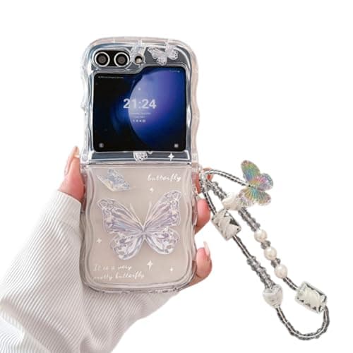 Image of SCJLSDA for Samsung Galaxy Z Flip 5 Case Cover,Women Cute Silver Butterfly Pattern Design,Exquisite Clear Curly Wave Frame Shape Soft Shell with Pearl Bracelet (Silver)