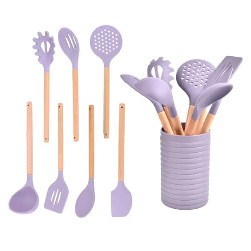 Image of AVEKI Kitchen Utensils Set with Holder, 8 Piece Silicone Heat Resistant Cooking Utensils Set with Wooden Handles, Kitchen Utensil Gadgets Tools Set for Nonstick Cookware, Dishwasher Safe (Purple)