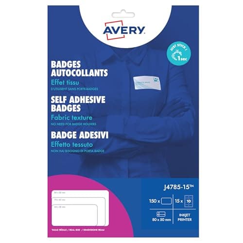 Image of Avery J4785-15 15 Sheets of 10 Printable Customisable Textile Name Badges – Silk Acetate, 80 x 50 mm, for Inkjet Printers, 150 Badges Total