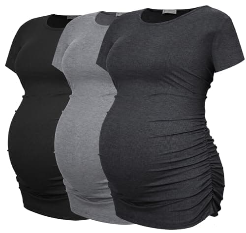 Image of Smallshow Women's Maternity Clothes Ribbed Side Ruched Pregnancy Tops 3 Pack, Black-Deep Grey-Light Grey,XL