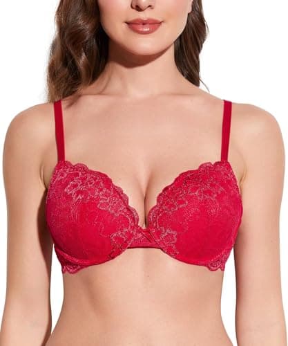 Image of Deyllo Women's Push Up Lace Bra Sexy Deep V Lift Up Bra Underwire Padded Comfort Everyday Bra(Lava Red,36B)