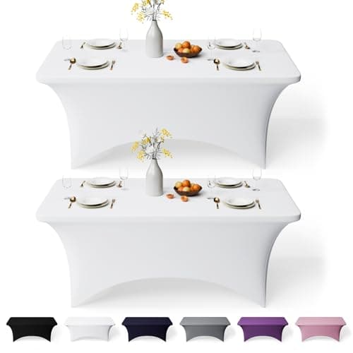 Image of GFCC 6FT Spandex Table Covers 2 Pack - White Stretch Fitted Rectangular Tablecloth Washable & Wrinkle Resistant Spandex Tablecloths for Party, Wedding, Banquet, Events & Home