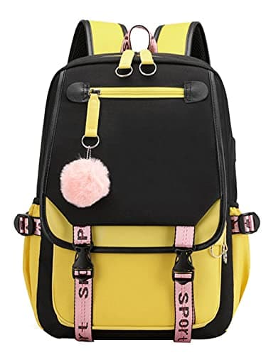 Image of SellerFun Teenage girls' Backpack Middle School Students Bookbag Outdoor Daypack With USB charge Port (4# Yellow Black, 21 Liters)
