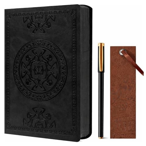 Image of A5 Journal for Men, 288 Pages Leather Notebook with Pen & Bookmark – Leather Softcover Lined Journal for Women Men, Antique Embossed Design Notebook for Writing,Travel,Business,Office (Black)