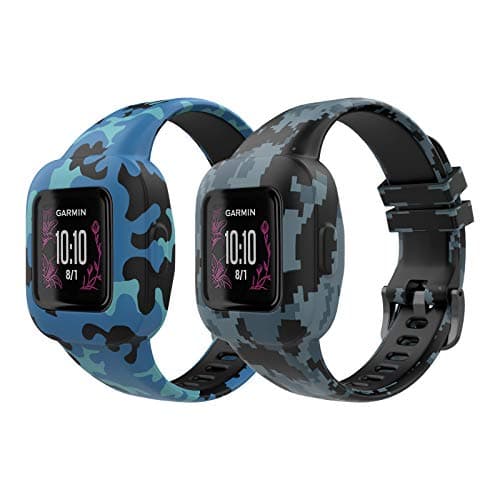 Image of MoKo 2-Pack Strap Compatible with Garmin Vivofit jr. 3 Fitness Tracker for Kids, Soft Silicone Adjustable Replacement Band Wristband Bracelet, Camouflage Blue & Mosaic