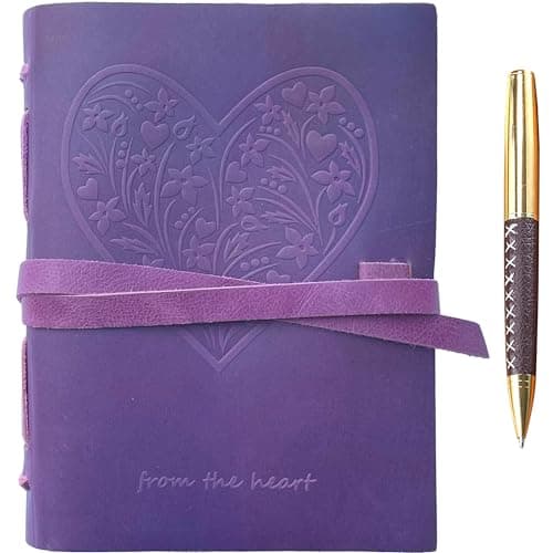 Image of Sovereign-Gear Leather Journal for Women, Handmade Purple Heart Bound Journal with Stylish Pen, Vintage and Classic, A5 Embossed Heart Leather Notebook, 8x6 Unlined Sketchbook