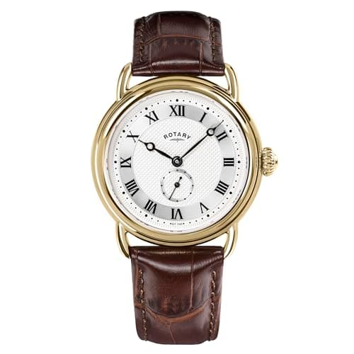 Image of Rotary Men's Heritage Sherlock Gold Plated Stainlesss Steel Brown Leather Strap Watch