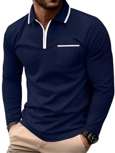 Image of PrinStory Mens Long Sleeve Polo Shirts Quarter Zip Polo Shirts Golf Tennis Tops Casual Cotton Tee Tops with Pockets (Navy Blue, M)