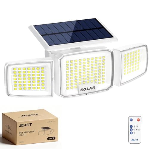 Image of JEJOT White Solar Security Light Outdoor Super Bright LED, Motion Sensor Flood Light, 3 Heads 270° Wide Angle, Remote Control, IP65 Waterproof, 3 Modes (1 Packs)