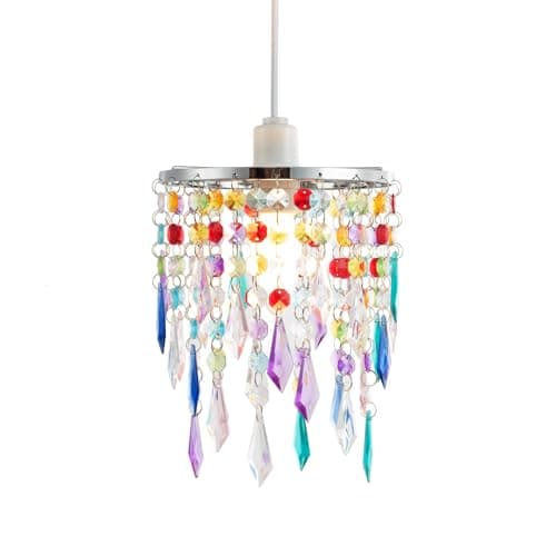 Image of Modern Waterfall Design Easy Fit Pendant Shade with Multi Coloured Acrylic Droplets and Beads - Chrome Metal Ring - 16cm Diameter by Happy Homewares