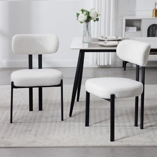 Image of Ya-Home Modern Dining Chairs Set of 2 Faux Fur Upholstered Kitchen Side Chairs with Black Metal Legs for Dining Room Restaurant, White