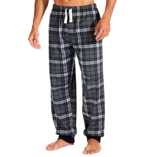 Image of Style It Up Men’s Fleece Lounge Pants Pyjama Bottoms – Soft Warm Tartan Check & Plain PJ Pants, Cuffed Hem, Adjustable Drawstring Waist, Pockets, Nightwear & Loungewear (GREY-CHECK, M)