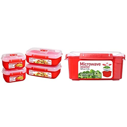 Image of Sistema Heat and Eat Microwave Set | 4 Rectangular Food Containers with Lids (2x 1.25L + 2x 525ml) & Microwave Food Steamer | Large 3.2 L | Red/Clear
