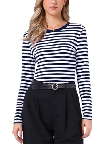 Image of Allegra K Striped t Shirts for Women Long Sleeve Tops Crew Neck Fitted Tees Casual Blouse Navy Blue Stripe L
