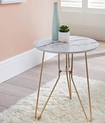Image of PaMeer-Unique Style Round Coffee & Drink Side Table Marble Effect Side Table with Gold Finish Metal Legs.