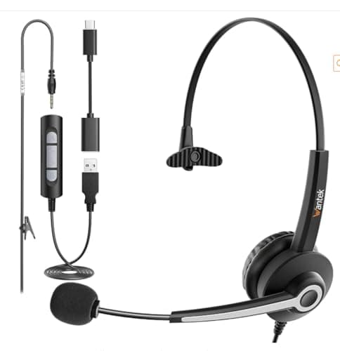Image of Wantek Single Ear Wired Headset with Noise Cancelling Mic - 3-in-1 (3.5mm/Type-C/USB) - Lightweight for Office, Call Center, Business Chat, Laptop & Phone
