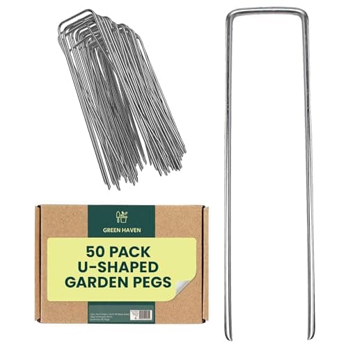 Image of Green Haven Garden Pegs – 50 Pack Galvanised U Shaped Ground Staples – Heavy Duty Metal Landscape Pins for Weed Membrane, Artificial Grass, Moss Poles & Ground Fabric