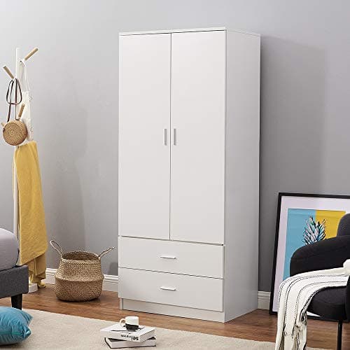 Image of Panana 2 Door 2 Drawer Wardrobe with Hanging Rail Wooden Clothes Organizer Storage Cupboards Unit for Bedroom Furniture W 76.8 * D 50 * H 180cm (White)