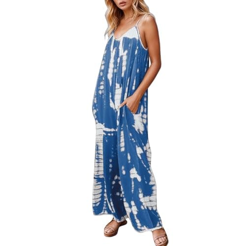Image of Playsuits For Women Uk, Womens Jumpsuits Elegant Jump Suit Jumpsuits Spaghetti Strap Bohemian Summer Jumpsuits For Women Tie Dye Pant Rompers Casual Loose Plus Size With Pockets (Blue Xxl)