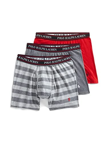 Image of POLO RALPH LAUREN Men's Stretch Classic Fit Boxer Briefs, Trunks & Long Leg Available, 3-Pack, Rl2000 Red/Charcoal Heather & Andover Heather Stripe/Charcoal Heather, XL
