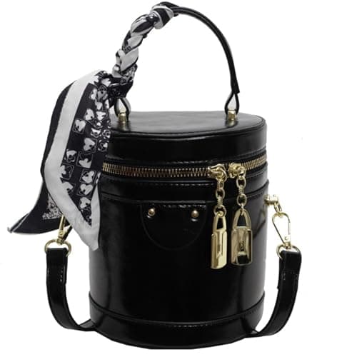 Image of SYHTBYOH Mini Bucket Crossbody Bags for Women Vegan Leather Small Round Shoulder Round Handle Handbag Purses, C-black, 5.5 inches x 4.7 inches x 6.3 inches