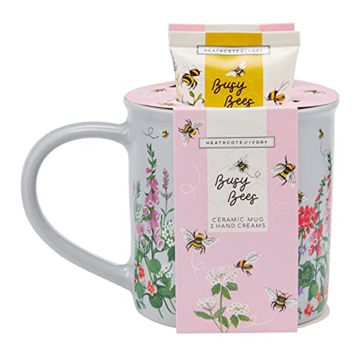 Image of Heathcote & Ivory Hand Cream x2 50ml, Ceramic Mug for Tea or Coffee, Moisturiser, Shea Butter, Floral Fragrance, Travel Size, Vegan and Cruelty Friendly, Gift for Her, Housewarming Present