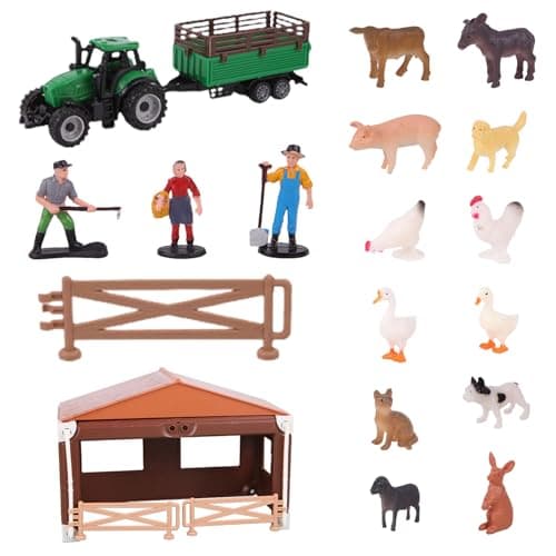Image of Farm Animal Realistic Mini Toys Set Assemble Fence Tractor Trailer Truck Toy Animal Figures Mini Animal Cake Toppers Educational Farmyard Play Gifts for Boys Girls Toddler Kids (21PCS with House)