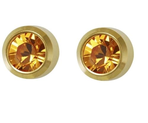 Image of Mytoptrendz® Ear Piercing Stud Sterile Stud Earrings Surgical Steel Yellow Gold Plated Frame with Colour Stone Bezel Set (Topaz)