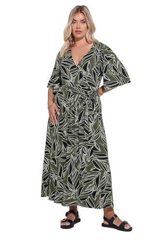 Image of Yours Curve Green Leaf Wrap Maxi Dress - Women's - Plus Size Curve