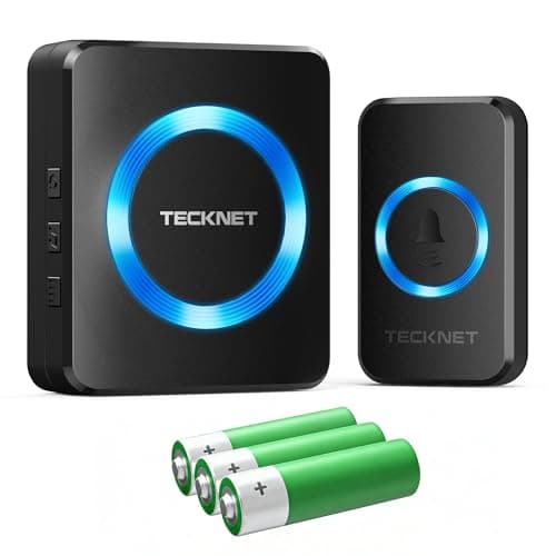 Image of TECKNET Wireless Doorbell, Portable Battery Doorbell with Blue Light, IP66 Waterproof Door Bells Wireless Cordless with 1312ft / 400m Range, 60 Chimes & 5-Level Volume, Ideal for Home Office (Black)