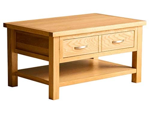 Image of London Oak Large Coffee Table With Storage Drawer and Shelf | Lacquered Solid Wooden Modern Rectangular Living Room Furniture, H:45cm W:85cm D:55cm