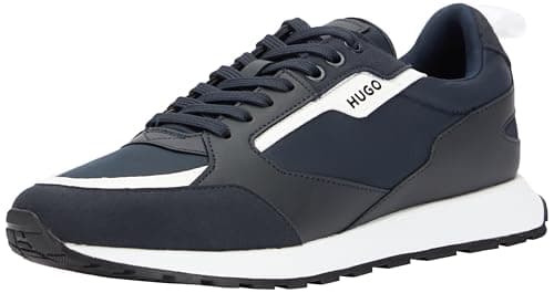 Image of HUGO Mens Icelin Runn Branded-Accent Trainers in Mixed Materials Size 8 Dark Blue