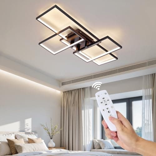Image of Warmiehomy LED Ceiling Light Dimmable,60W Modern Ceiling Lighting with Remote Control,Black Square 4 Lights Living Room Ceiling Lights for Bedroom Kitchen Dining Room,90x60CM,3000-6500K
