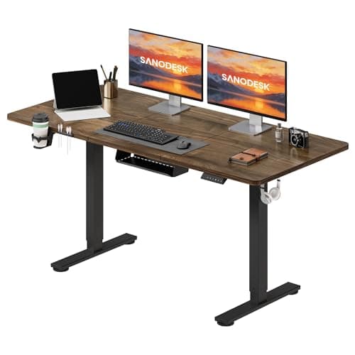 Image of SANODESK 140 * 60 Electric Standing Desk Height Adjustable Standing Desk Sit Stand Desk with Cablemanagement Tray & Underdesk Storage Box Adjustable Desk 4-Memory Smart Pannel (Brown)