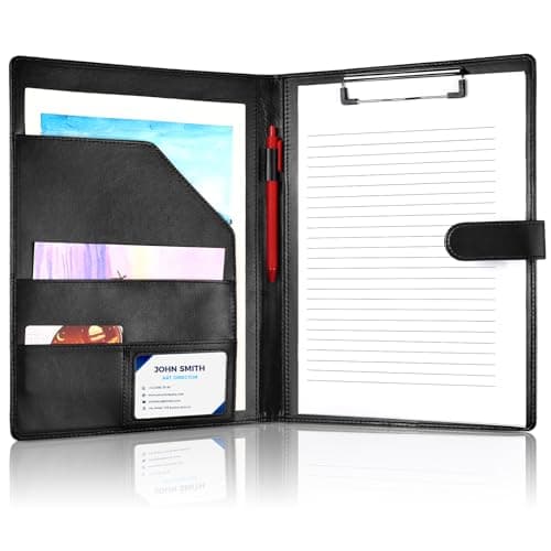 Image of A4 Clipboard Folder with Cover, PU Leather Conference Folder for Legal Pad Portfolio Organiser with Storage for Interview Meeting Office Supplies Business (Black)