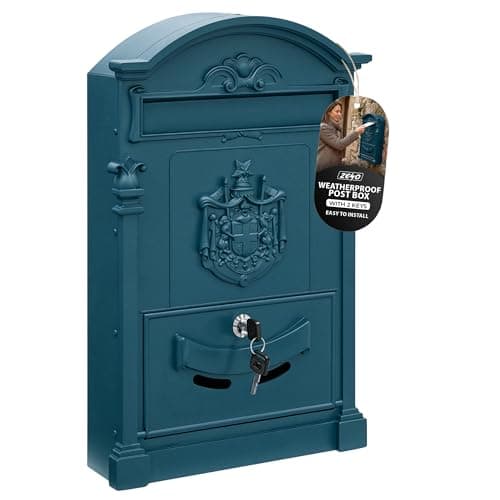 Image of ZENO Letter Box Wall Mounted | Postbox | Large Traditional Post Box Mailbox | Post Letter Box for Home | Vintage Classic Mail Box with 2 Keys | Easy to Install | Keep Your Mail Safe (Blue)